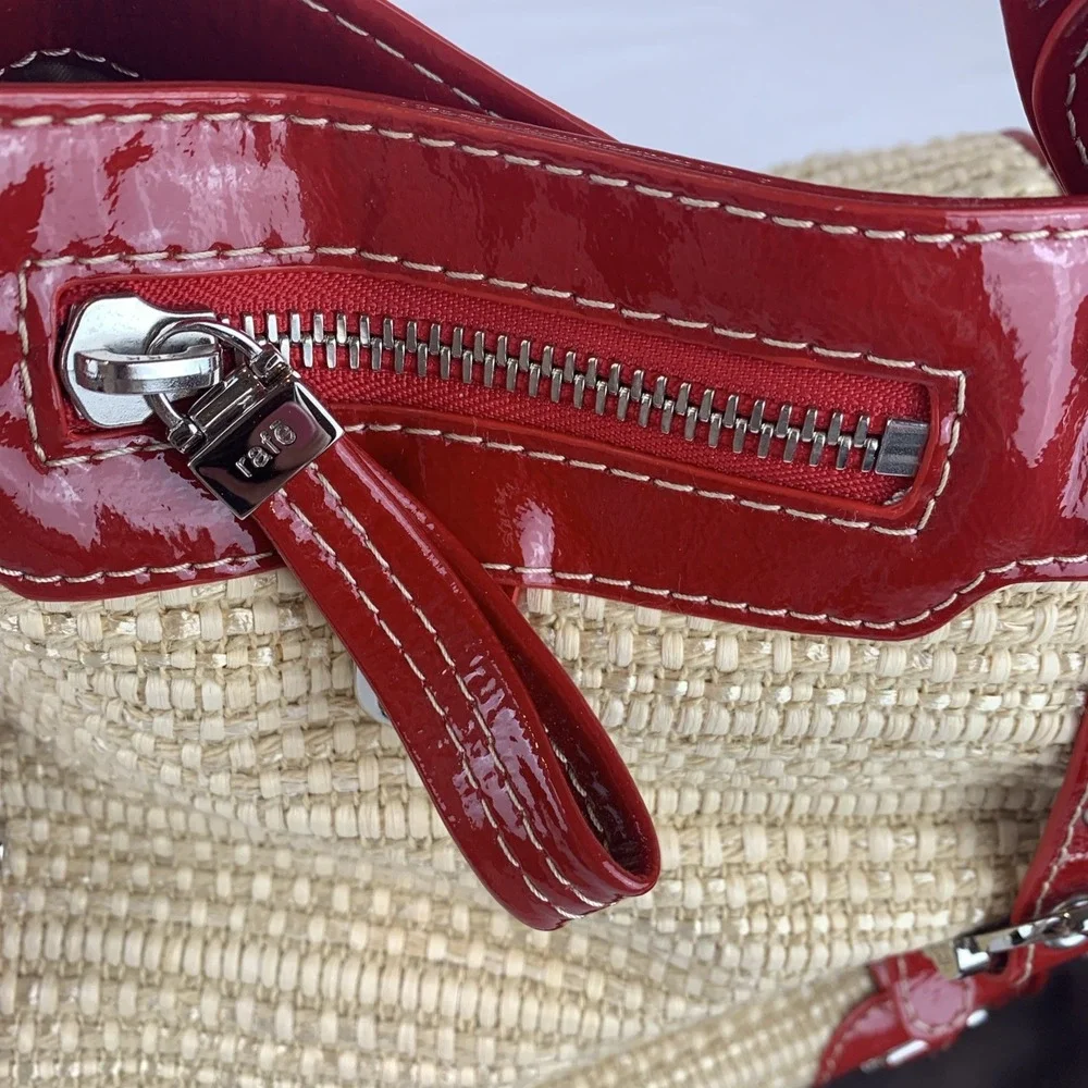 Rafe New York Handbag Rattan Straw With Red Pantent Trim Dust Bag